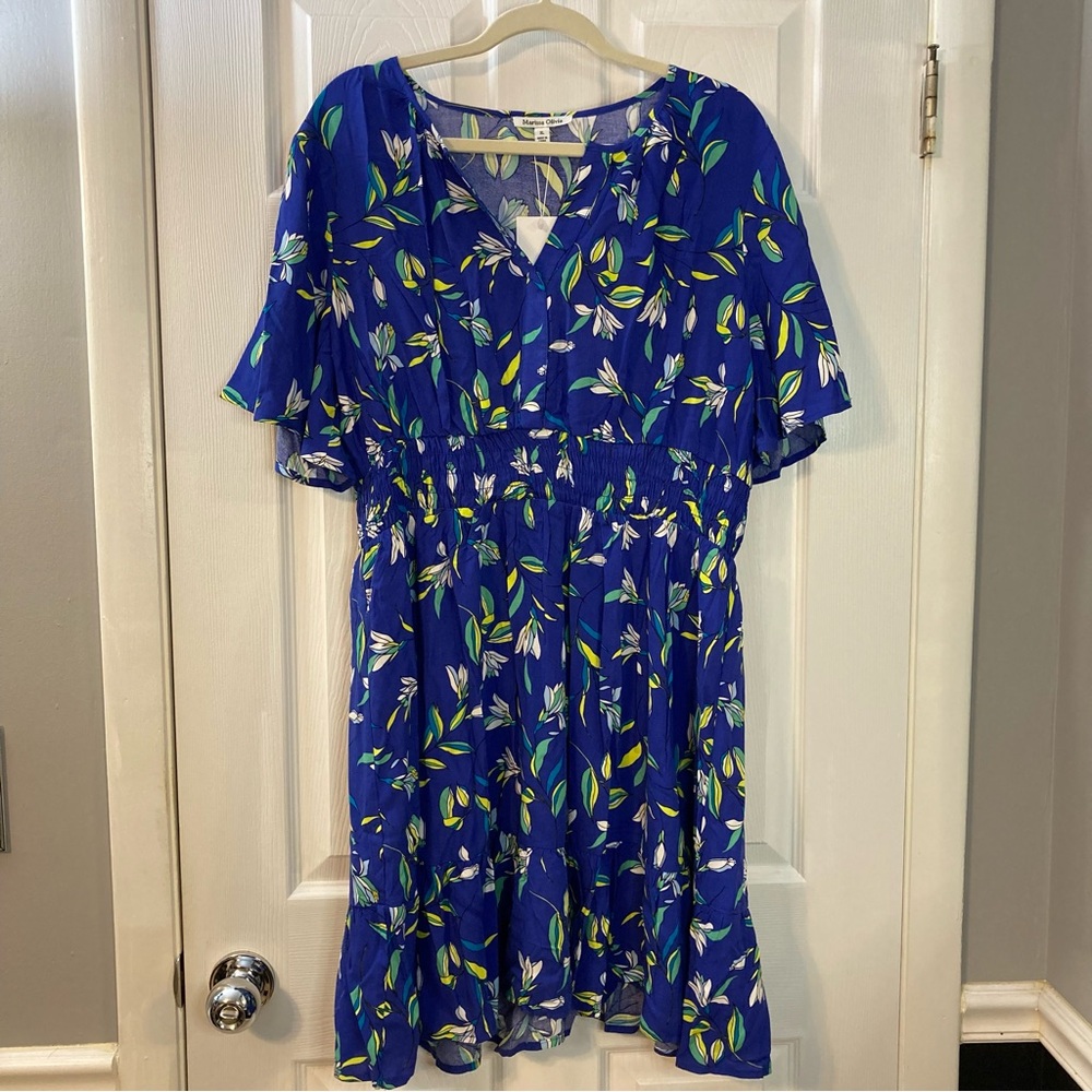 NWT Marissa Olivia Blue Floral Dress with Green and White Accents Women Size XL